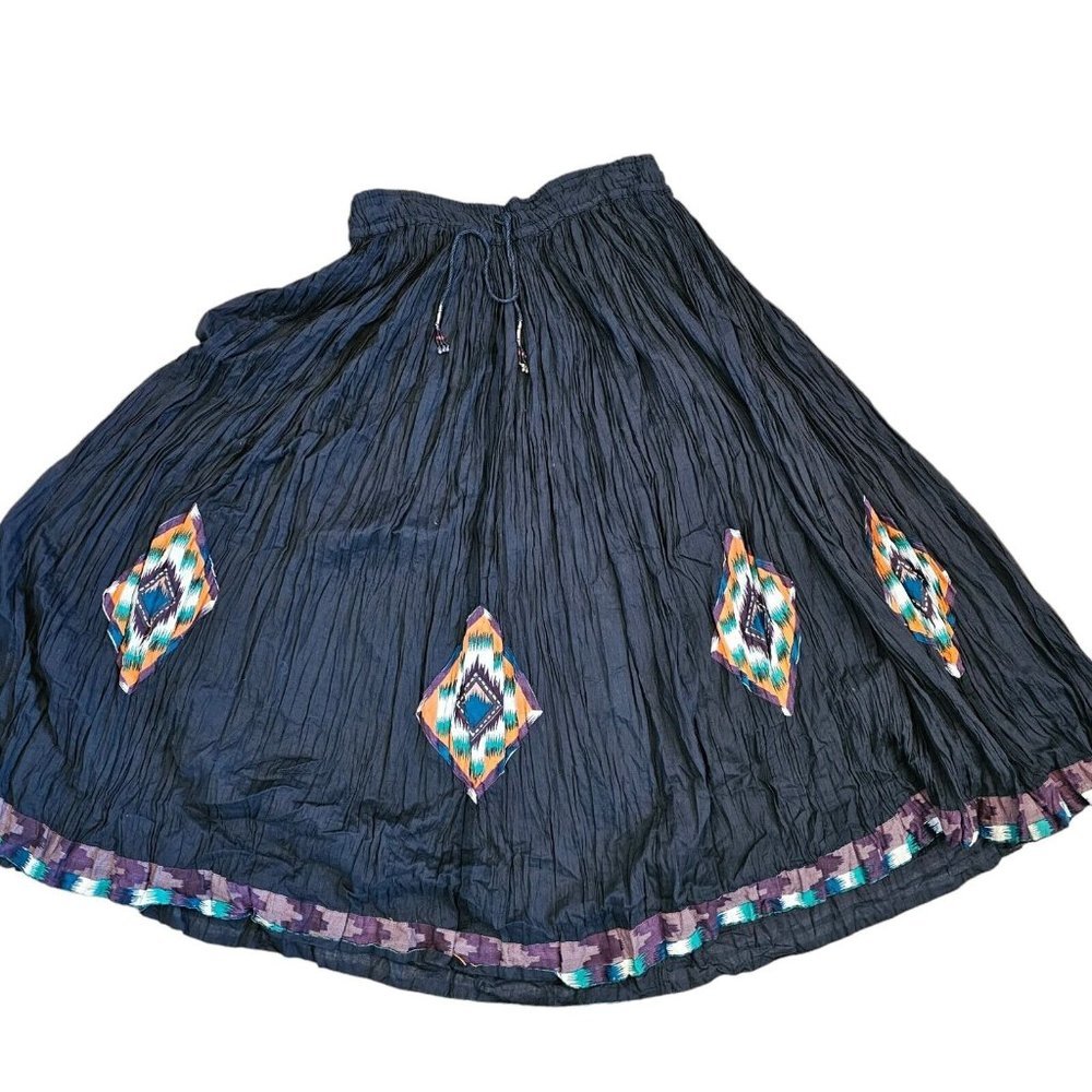 VTG Maxi Full Circle Skirt Thin Cotton Ethnic Pullon Elastic Waist Sz‎ S/M Black